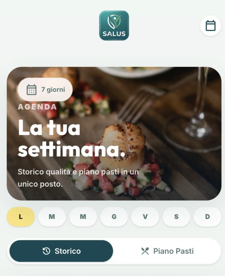 Schermata della dashboard Salus con anello calorie, macro e heatmap dei giorni