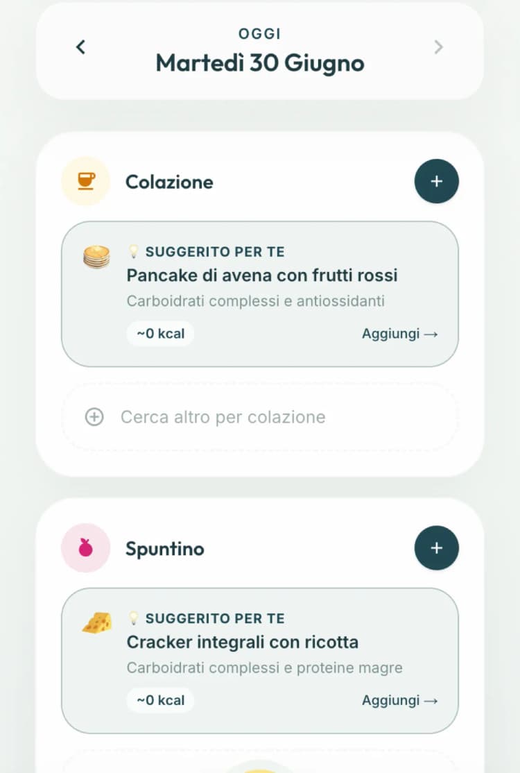 Schermata del diario alimentare di Salus con il semaforo nutrizionale